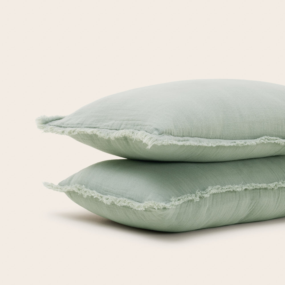 Lot de 2 Taies d'oreiller 100% Gaze de Coton Lavé LOU – Vert Sauge, Douceur Exceptionnelle pour Sommeil Réparateur