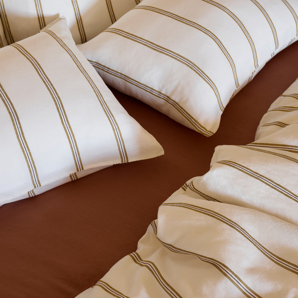 Parure de Lit UGOLIN 100% Coton Bio – Draps et Taies Rayures Moutarde et Blanc Élégantes - 5