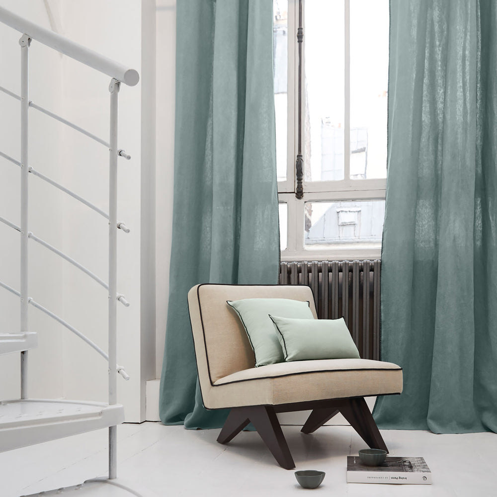 Rideau en lin lavé Nino - Oeillets noirs, bordure festonnée et coloris vert de gris - 3