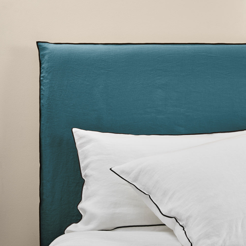 Housse de tête de lit CARLINA Bleu pétrole et noir bourdon en lin lavé 100% - 6