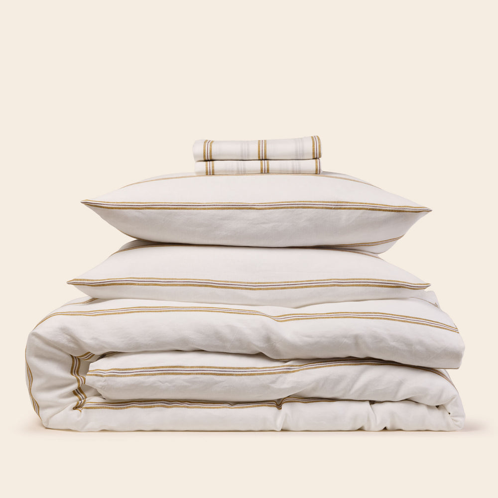 Parure de Lit UGOLIN 100% Coton Bio – Draps et Taies Rayures Moutarde et Blanc Élégantes - 7