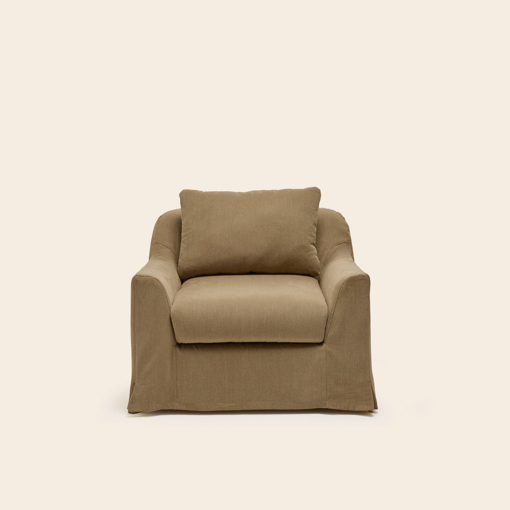 Fauteuil de salon Claribel - Design contemporain élégant en tissu brun chaud au motif bariolé
