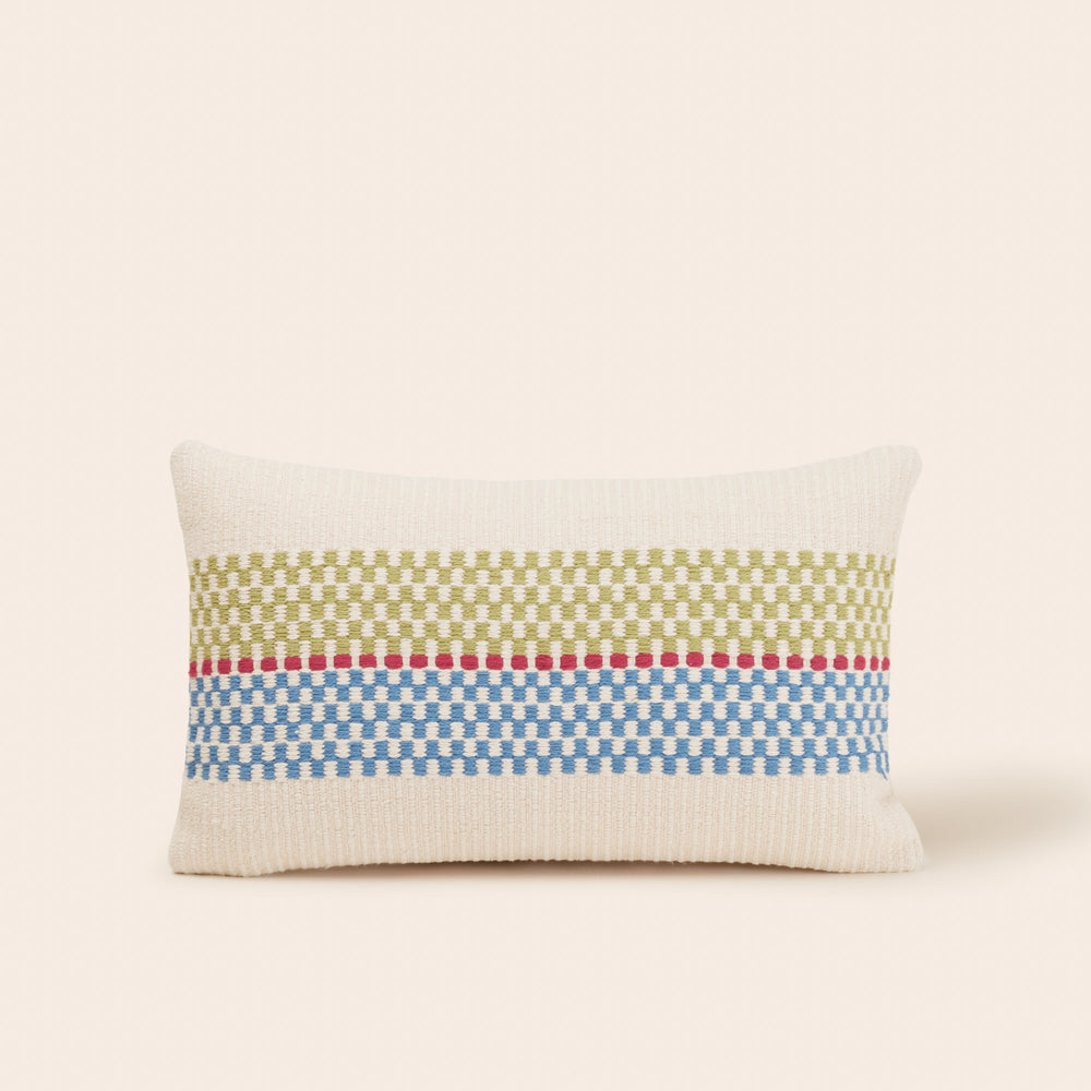 Housse de Coussin EMEO Design Graphique et Ethnique - Motifs de Rayures en Damier - Vert & Bleu