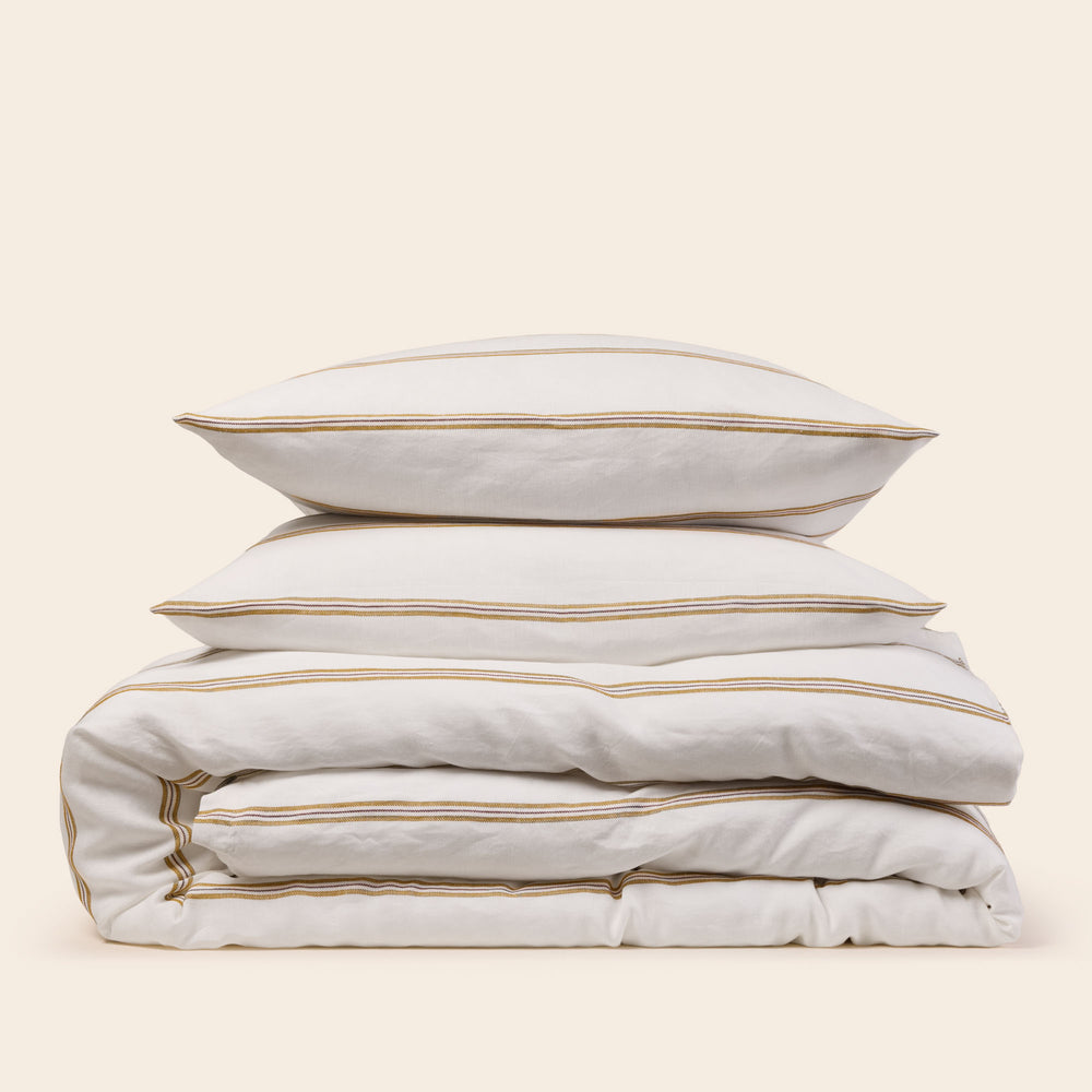 Parure de Lit UGOLIN 100% Coton Bio – Draps et Taies Rayures Moutarde et Blanc Élégantes - 6