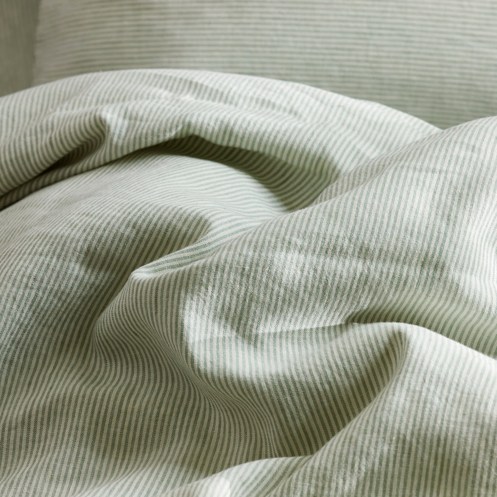 Lot de 2 Taies d'Oreiller Carées Finéa en Coton Lin Rayé Ivoire & Vert de Gris - 5