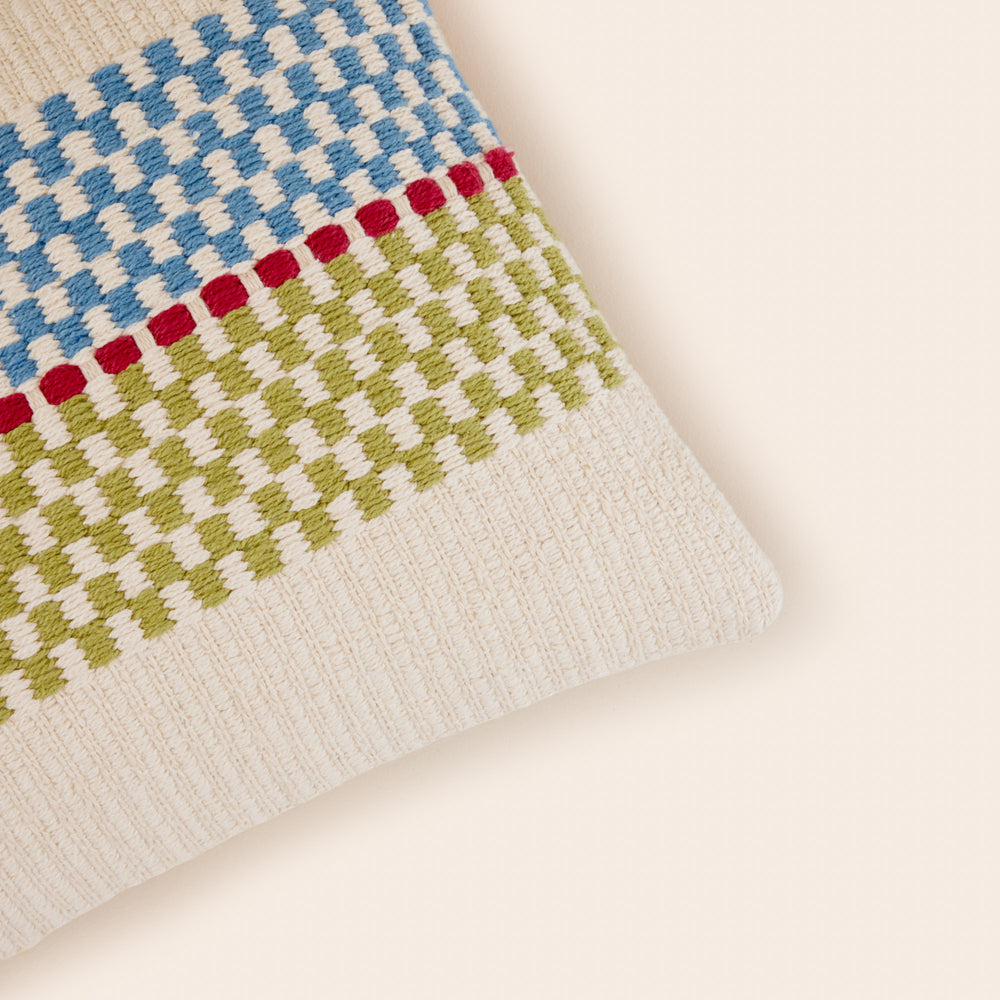 Housse de Coussin EMEO Design Graphique et Ethnique - Motifs de Rayures en Damier - Vert & Bleu - 5