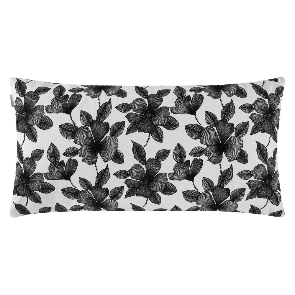 Housse de coussin brodée ORNELLA blanc et noir - 55x110 cm - Motif hibiscus sophistiqué - 3