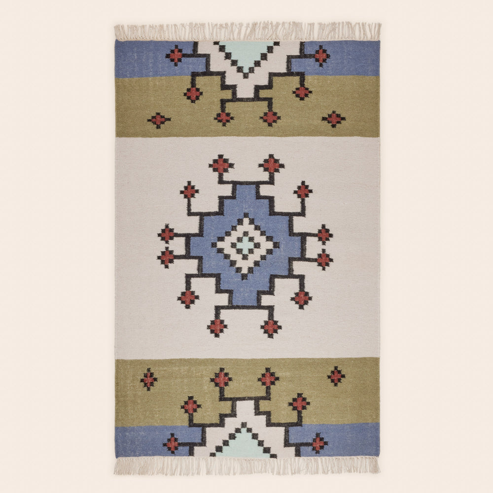 Tapis de sol BOUEKRI - Design Graphique Élegant (Naturel et Bleu)