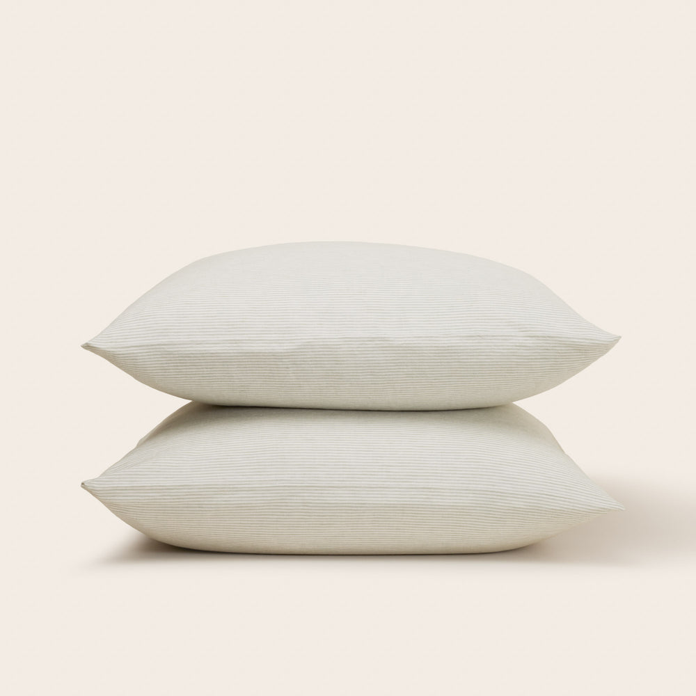 Lot de 2 Taies d'Oreiller Carées Finéa en Coton Lin Rayé Ivoire & Vert de Gris