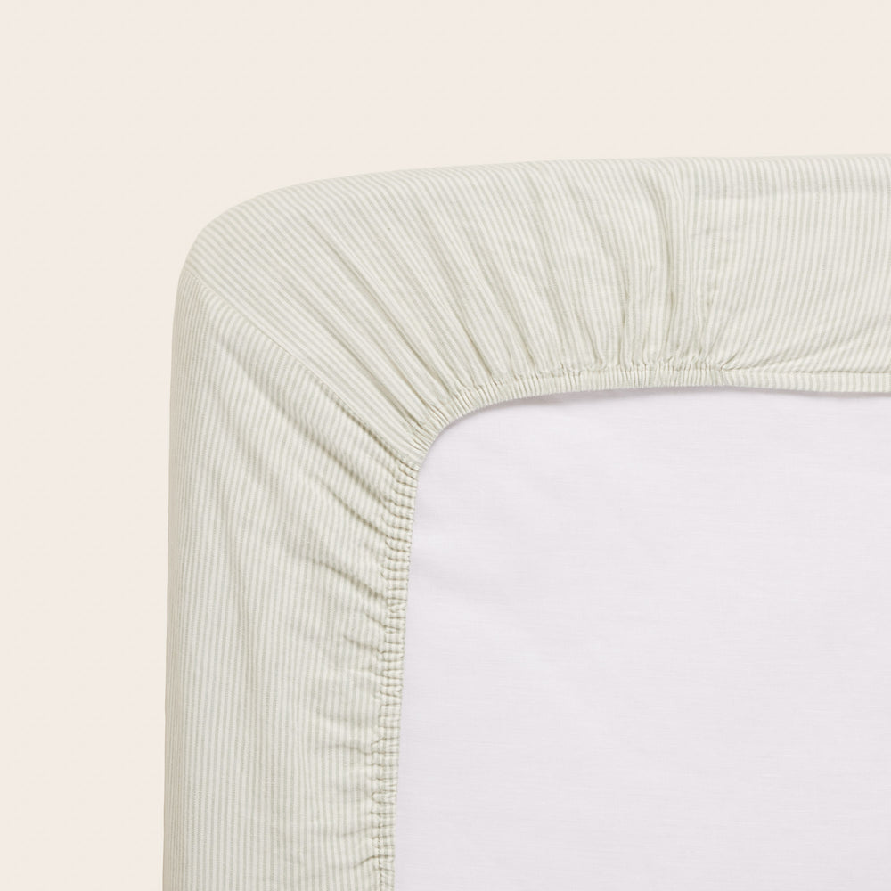 Drap housse FINEA en coton lin à rayures ivoire et vert de gris - 4