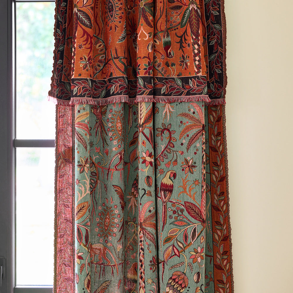 Rideau panneau Sundari en jacquard de coton - Orangé et multicolore motif jungle indienne luxuriante - 6
