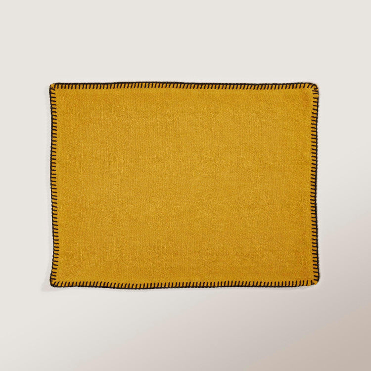 Set de Table NINO Ocre et Feston Noir - Lin Européen Certifié Oeko-tex