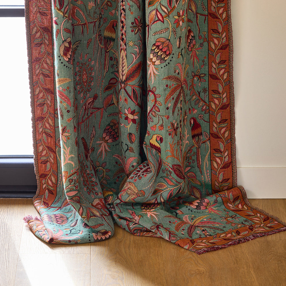 Rideau panneau Sundari en jacquard de coton - Orangé et multicolore motif jungle indienne luxuriante - 5