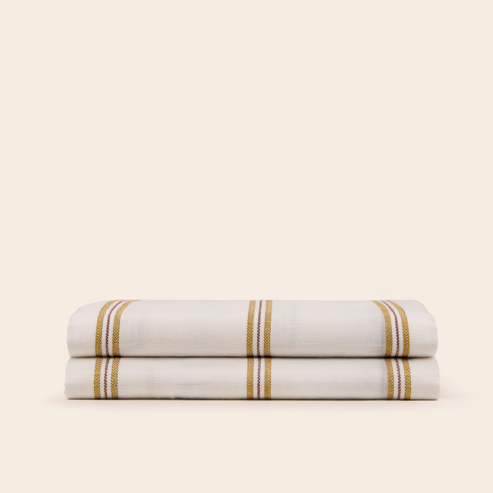 Drap Plat UGOLIN Blanc à Rayures Moutarde Élégant en Matières Naturelles - 3