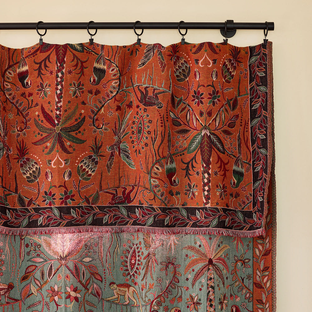 Rideau panneau Sundari en jacquard de coton - Orangé et multicolore motif jungle indienne luxuriante - 4