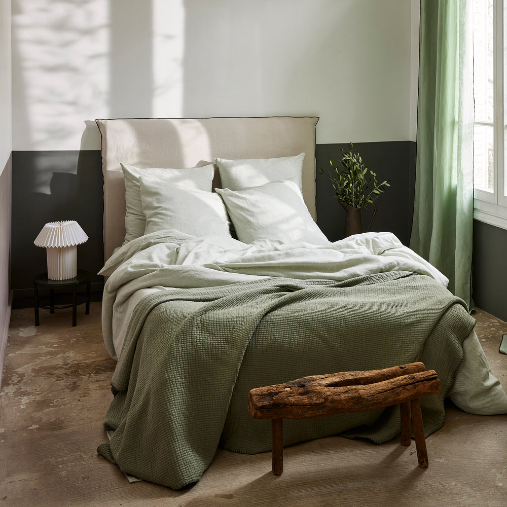 Lot de 2 Taies d'Oreiller Carées Finéa en Coton Lin Rayé Ivoire & Vert de Gris - 4