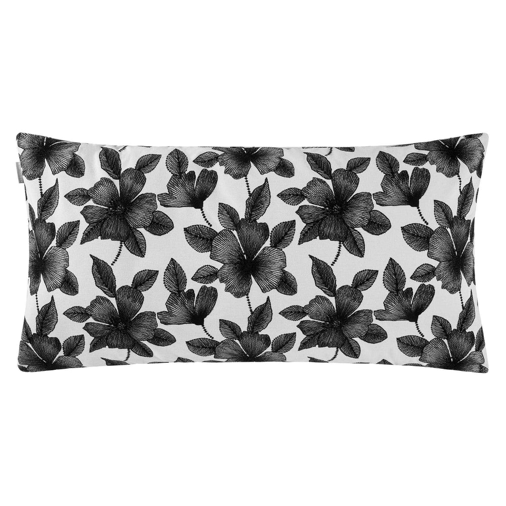 Housse de coussin brodée ORNELLA blanc et noir - 55x110 cm - Motif hibiscus sophistiqué