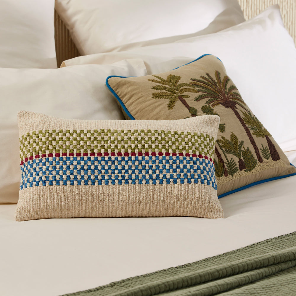 Housse de Coussin EMEO Design Graphique et Ethnique - Motifs de Rayures en Damier - Vert & Bleu - 3